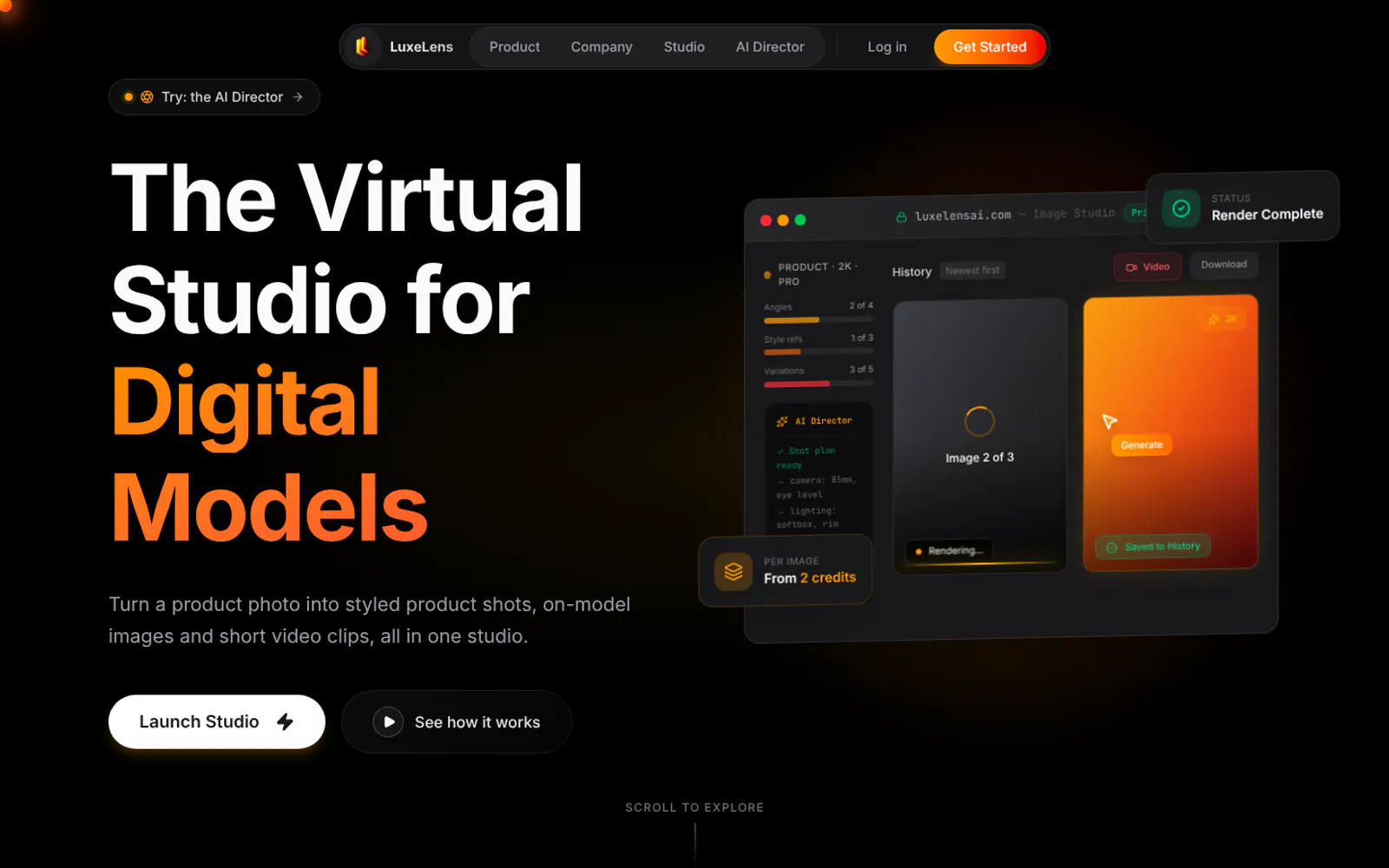 LuxeLens AI Studio home page: “The Virtual Studio for Digital Models” beside a studio window rendering images