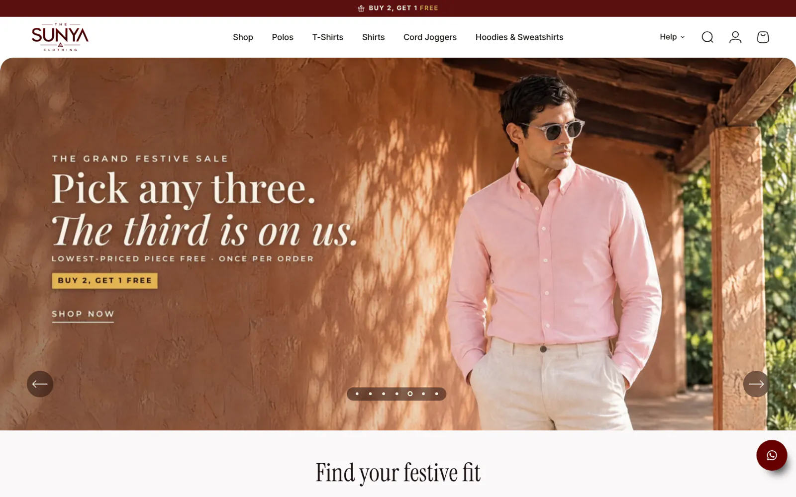 THE SUNYA storefront: festive-sale hero slideshow under the brand navigation